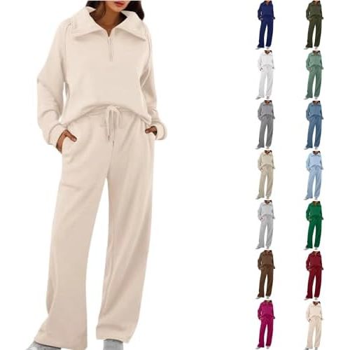 Sweatsuits Women 2 Piece Outfit Tracksuit Sets Casual Lapel Half Zip Sweatshirts Hoodies And Wide Leg Pants