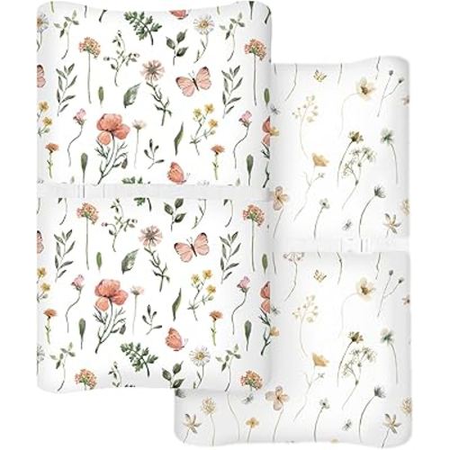 Changing Pad Cover for Baby Boys Girls 2 Pack, Fits Standard 32”×16” Changing Table Pads, Silky Breathable Stretch Knit, Machine Washable (Butterfly Garden)