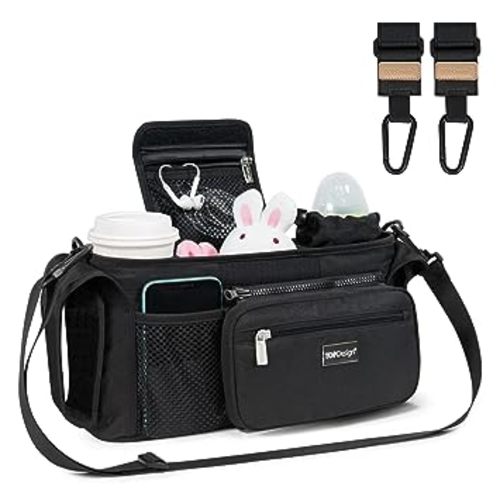TOPDesign Universal Baby Stroller Organizer, Stroller Caddy with Detachable Mesh Bag & Heightened Insulated Cup Holders & Non-Slip Secure Hooks Accessories, Fits Most Strollers (Checkerboard)