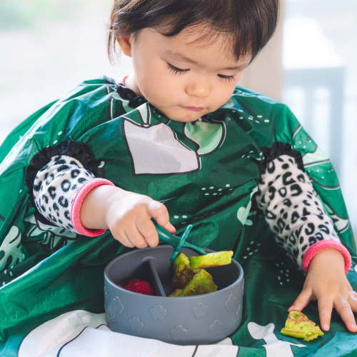 Grabease Allover Waterproof Bib for Self-Feeding Babies and Toddlers 6-24 Mos. – Baby Bibs with Plate Outline Fully Covers Baby and High Chair – Safe, Machine Washable Baby Led Weaning Supplies