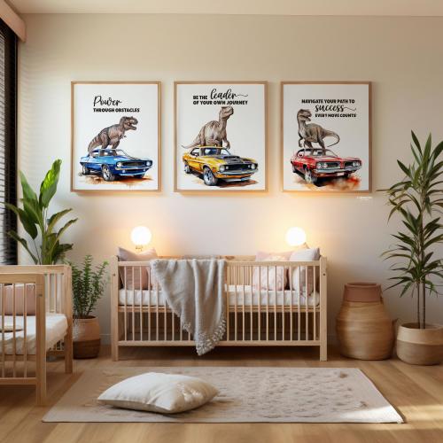 Dinosaur And Cars Wall Art, Dino Nursery Decor, Kids Room Decor, Boys Room Decor, Dinosaur Prints