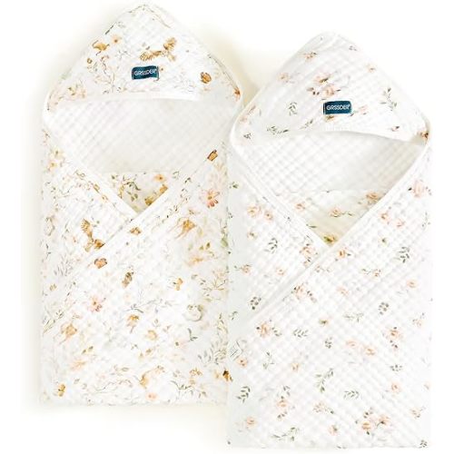 GRSSDER Ultra Soft Absorbent Muslin Cotton Baby Hooded Towel 2 Pack with Original Patterns, Extra Large Size 35"x 35" Swaddle Wrap for Newborn Infant and Toddler