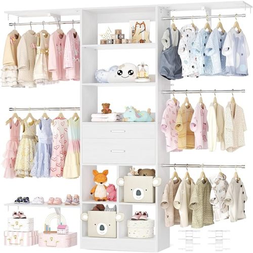 5FT Small Closet System, Baby Closet Organizer System with Wooden Drawers, 60 Inches Walk In Closet System With 5 Hanging Rods and 3 Reversible Hanging Shelving, White