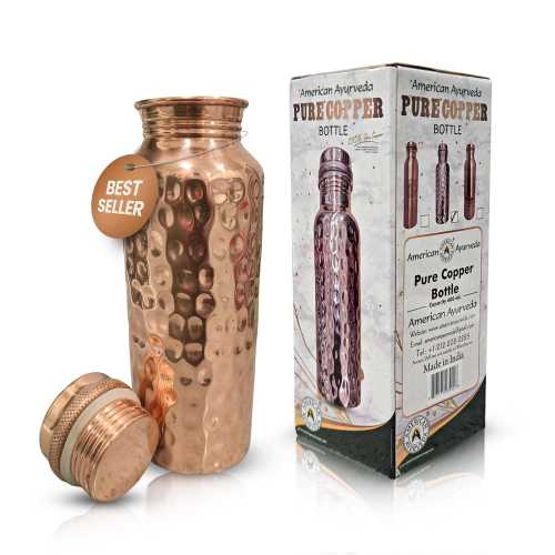 100% Pure Copper Water Bottle Hand Crafted , Leak Proof, plastic free Screw on Copper Cap  by American Ayurveda