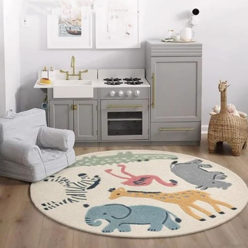 Poowe Cute Animals Kids Room Rug,47.2" Round Washable Area Rugs Rabbit Rug Nursery Rug for Baby Boys Girls Play Mat Floor Carpet Non Slip Soft Rugs for Living Room Bedroom Playroom Classroom