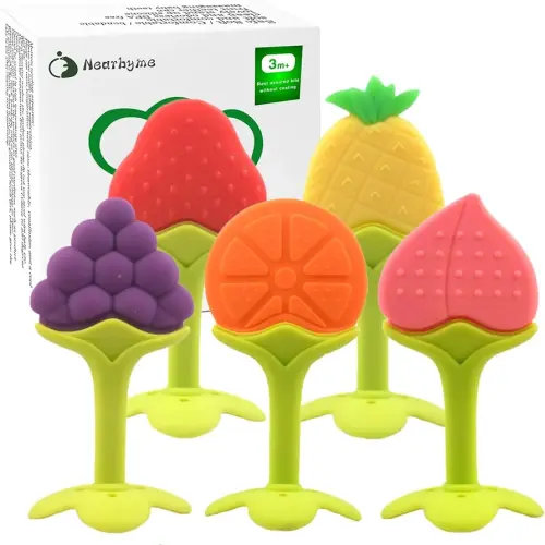 Baby Teething Toys, Soft Silicone Fruit Teether Set with Pacifier Clip/Holder for Toddlers & Infants, 5 Pack