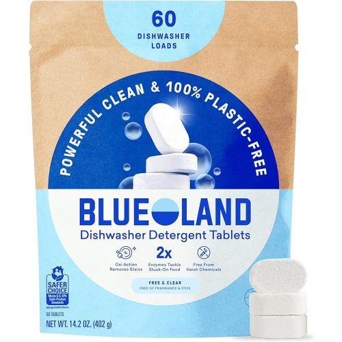 BLUELAND 100% Plastic-Free Dishwasher Detergent Tablets, 60ct, Free & Clear | Eco-Friendly Dishwashing Pods, Cuts Grease & Stuck on Food, Rinses Clean for Streak-Free Shine, Fully Dissolves, Septic Safe