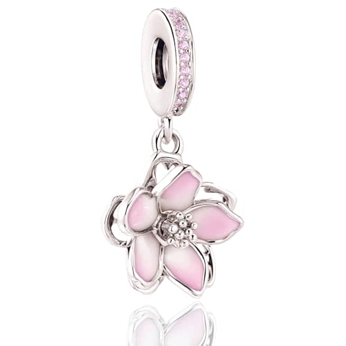 925 Sterling Silver Pink Cherry Blossom Bead Charms for Pandora bracelets | Blue Ocean Cute Animal Summer Danger Charm Murano Glass Bead Fits Universal European Bracelets and Necklaces Gift for Women