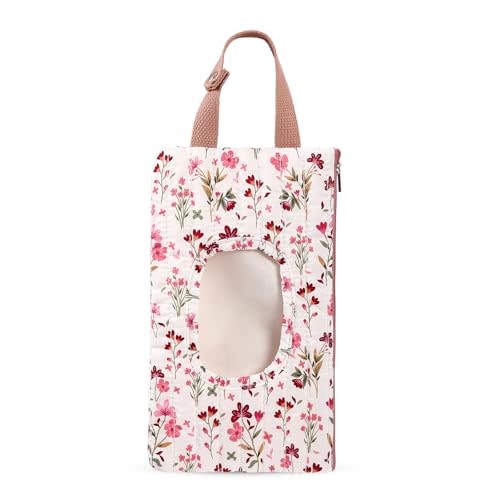 Quilted Baby Wipe Holder Quilted Wipe Pouch Portable Hanging Floral Wet Wipes Bag for Car, Stroller (Pink Flower)