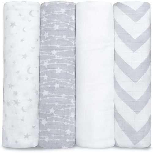 Comfy Cubs Muslin Swaddle Blankets Pack of 4, 47 x 47 Inches, Soft Cotton Baby Blanket Set, Large Multipurpose Swaddling Wraps for Newborns - Self-Soothing Swaddle - Grey