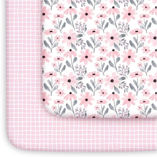 Yoofoss Pack and Play Sheets Girl 2 Pack, 38x26 Mini Crib Sheets Fitted for Baby Compatible with Graco Pack n Play Mattress,Ultra Soft Breathable Microfiber Pink Floral