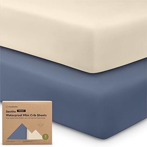 2-Pack Pack and Play Sheets, Waterproof Mini Crib Sheets Fitted - Organic Cotton Pack N Play Sheets for Graco Pack and Play Mattress, Playard Baby Crib Sheets, Neutral for Boy,Girl,Toddler (Maritime)