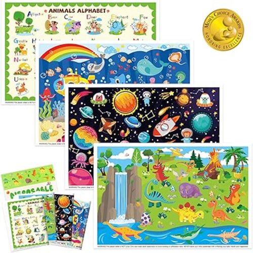 Sticky Disposable Placemats 40Pack: 12" x 18" Adhesive Table Mats for Baby,Plastic Travel Placemats for Restaurant High Chair Eating(Animal Space Ocean Dinosaur Theme)