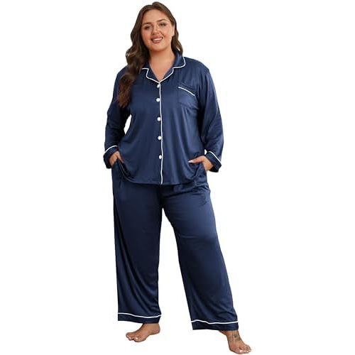 Women's Plus Size Pajama Set Button Down Long Sleeve and Pants Lounge Sets with Drawstring and Pockets Sleepwear