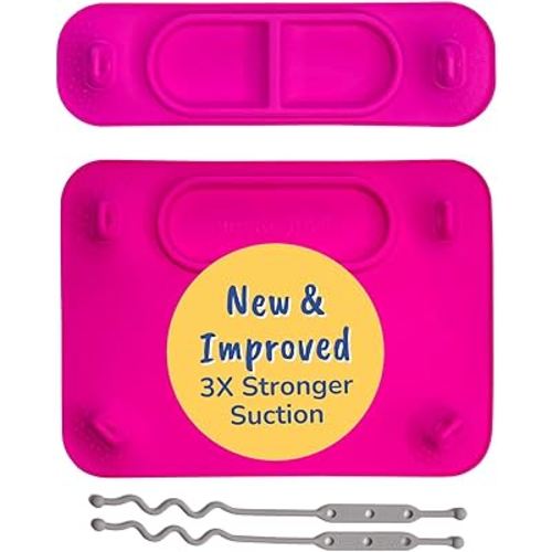 BUSY BABY Silicone Mat Bundle - 1 Original Mat Plus 1 Mini Mat, New Stronger Suction Cups, 6 Straps to Secure Baby Essentials and Keep Them Off The Floor, Baby Led Weaning, Wet Bag Included (Pink)