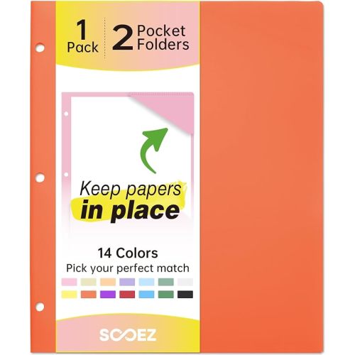 Sooez 2-Pocket Folders, Plastic Folders with Pockets 3 Hole Punched, 1 Pack Pockets Folder for 3 Ring Binder with Labels, Heavy Duty Binder Folder for Document, Letter Size File Folder,Orange