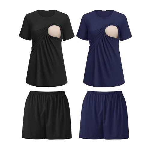 Ekouaer 2 Pack Women's Nursing Pajamas Set Double Layer Maternity Pjs Postpartum Loungewear Set Breastfeeding Tops & Shorts