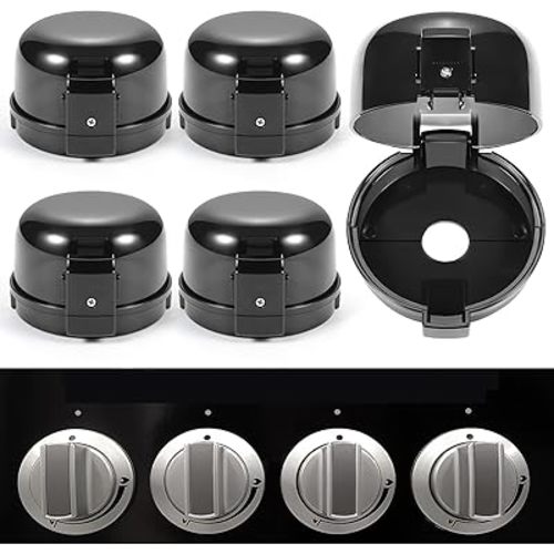 Stove Knob Safety Covers, for Knob Diameter Less Than 2.4", Unlock with Adult Two-Finger, Dual-Key Press Gas Stove Knob Locks, Upgraded Oven Lock Knob Covers for Child Safety, Black Color, Pack of 5