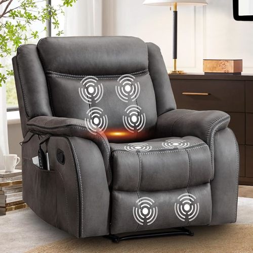 Massage Recliner Chair with Heat, Faux Leather Recliner Chairs for Adults, 39" Wide Manual Reclining Ergonomic Lounge Chair, Overstuffed Wall Hugger Recliners for Living Room, Grey