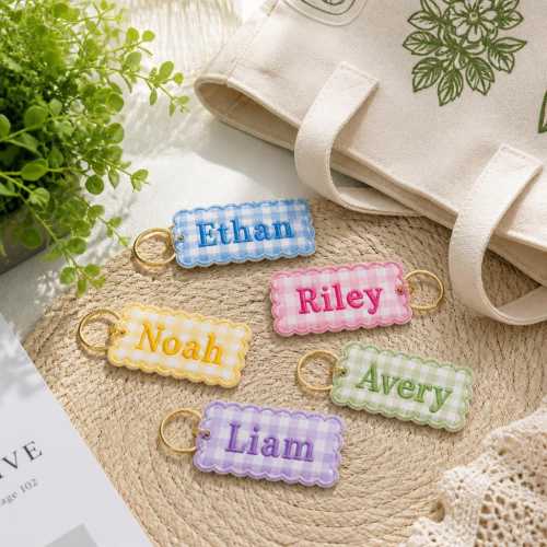 Custom Embroidered Name Keychain | Personalized Gingham Bag Charm for Kids | Cute Backpack Tag | Wedding Party Favor | Bridesmaid Gift
