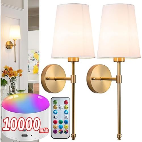 Battery Operated Wall Sconce Set of 2, Rechargeable Wall Sconce with 10000mAh Bulb and Remote, Up to 50 Hrs Use, RGB Dimmable Wireless Wall Lights for Living Room Bedroom Hallway