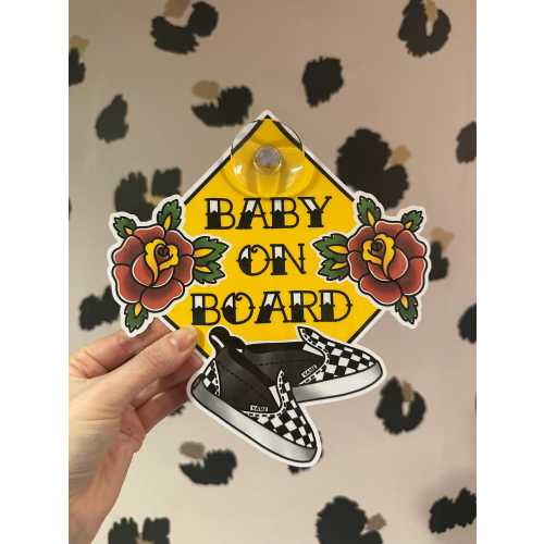 Baby on board tattoo style car sign, alt mum, elder emo, checkered vans, pregnancy announcement, tattooed parents