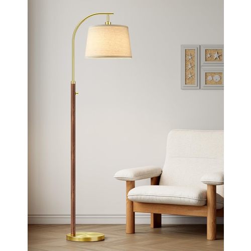 Dimmable Floor Lamp for Living Room, 65" Tall Metal Standing Lamp with LED Bulb, Mid Century Modern Arc Floor Lamp with Linen Shade for Bedroom, Reading Room, Office & Nursery, Gold and Walnut Color