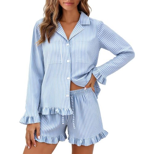 Flygo Womens Striped Pajama Sets 2 Piece Cotton Long Sleeve Tops and Pj Shorts Sets Casual Lounge Button Down Cozy Sleepwear