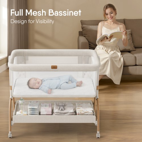 BabyBond 3-in-1 Baby Bassinet Bedside Sleeper, 6-Height Adjustable Crib with Mattress & Soft Breathable Sheet, Full-Mesh Sides and Ventilated Net, Easy-to-Fold Portable Style & Wheels, Safe and Steady Bassinet for Newborns, Mothersdaygift, #Summervibes -