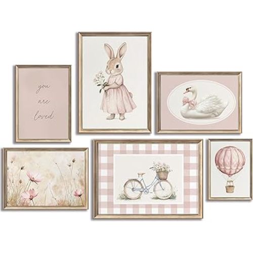 6Pcs Pink Nursery Bunny Wall Art Kids Swan Flower Painting Pictures Cute Rabbit Animal Poster Prints Retro Hot Air Balloon Canvas Wall Decor for Kid Baby Girls Bedroom Unframed