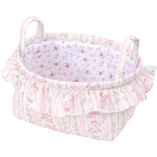 Cute Floral Quilted Storage Basket with Ruffle Trim Decorative Fabric Organizer Bin with Handles Coquette Bow Print Nursery Storage