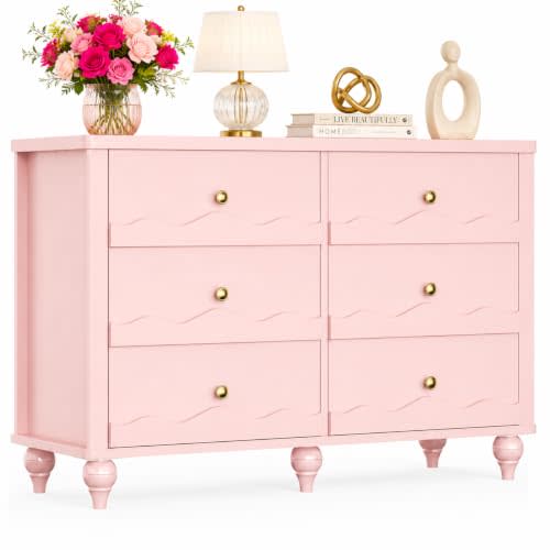 Besiost Scalloped Storage Cabinet with Drawers, Modern Accent Sideboard with Decorative Legs, Multi-Purpose Organizer Unit for Living Room, Hallway, Office, 43.3" Wide (Pink)