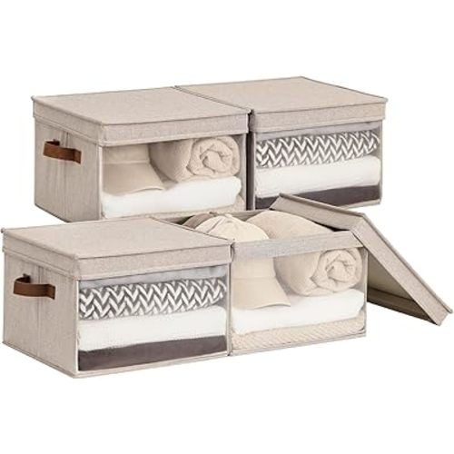 StorageWorks Storage Bins with Lid and Clear Window, Fabric Storage Boxes with Lids, Stackable Basket for Shelves, Closet Organizer and Storage Bins, Brown and Beige, Large, 4-Pack
