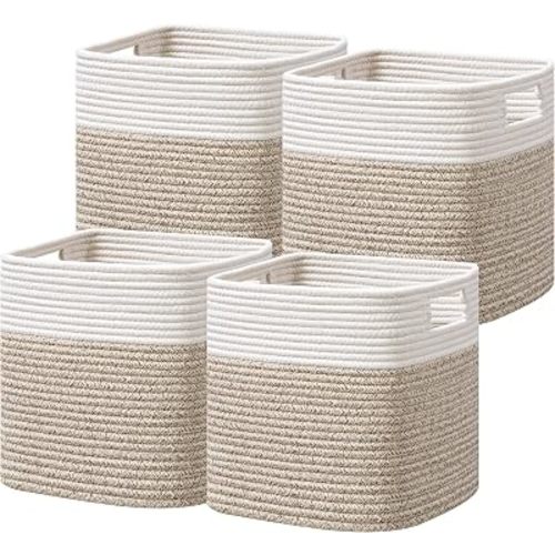 UBBCARE Set of 4 Storage Cubes-11 X 10.5 X 10.5 In, Cotton Rope Basket for Shelves, Toys, Book, Cube Storage Bin with Handles, Woven Storage Basket for Organizing, White/Brown