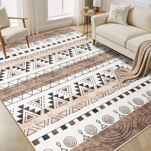 EnHomee Washable Rugs, 5x7 Area Rugs for Living Room, Machine Rug for Bedroom, Ultra Soft Low Pile Geometry Living Room Rug,Non-Slip Stain Resistant Large Carpet for Dining Room Office, Khaki