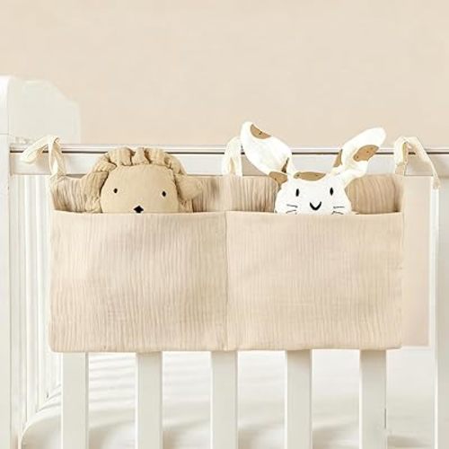Muslin Cotton Baby Bedside Hanging Storage Bag, 2-Pocket Crib Diaper Caddy Organizer, Nursery Organization Holder for Cribs, Playard, Changing Table or Wall, Milk Bottle Bib Organizing Oatmeal