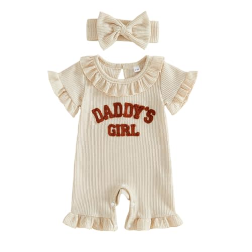 allshope Newborn Baby Girl Summer Outfit Romper Letter Embroidery Ruffle Collar Jumpsuit Bodysuit Cute Infant Waffle Clothes