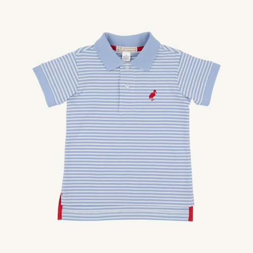 Prim & Proper Polo - Beale Street Blue Stripe with Red Stork
