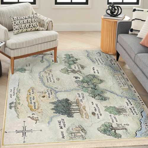 Woodland Nursery Rug 4x6ft|Winnie Pooh Kids Rug|Storybook Map Carpet|Vintage Play Mat