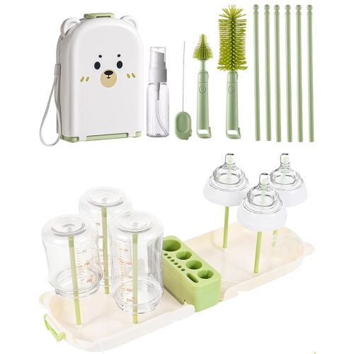 Travel Bottle Cleaner kit, 7in1 Baby Toddler Travel Essential Silicone Bottle Brush Set, Nipple, Drying Rack, Straw, & Breast Pump Cleaning, Soap Dispenser & Organizer Case, Gift for Mom