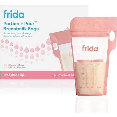 Frida Mom Breastmilk Storage Bags, 50ct Standard Freeze & Thaw Milk Bags for Breastmilk, Leakproof Seal, Perfect Pour Spout, Precise Portions, No Slip Finger Grip, BPA Free, 6oz Bag
