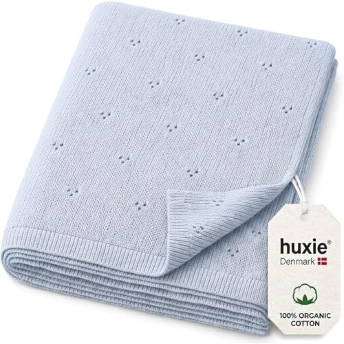 100% Organic Cotton Knit Baby Blanket for Boys - Pointelle Swaddle Blanket - 40" x 30" Soft Receiving Blanket for Newborn - Lightweight Heirloom Nursery Knit Blanket (Baby Blue)