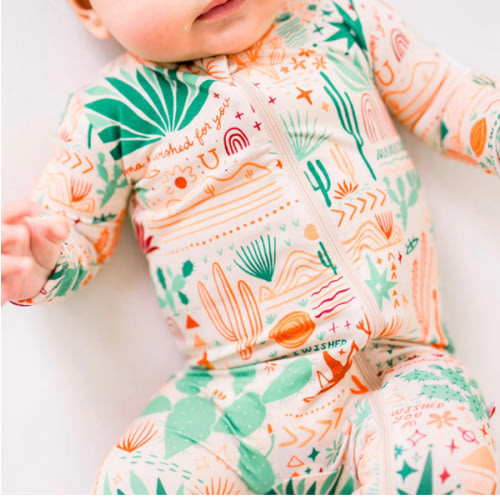 Desert Cactus Vibes | Bamboo Footie Onesie Sleeper | "Mama, I Wished for You" | Thermo-Regulating, Double Zipper, 4-Way Stretch | Raising Mama