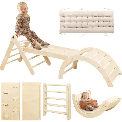 Pikler Triangle Set with Cushion, 7 in 1 Toddler Climbing Toys Indoor