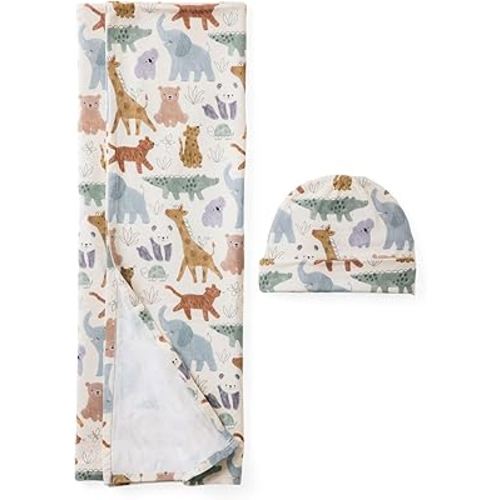 Little Sleepies Swaddle & Beanie Set, Viscose from Bamboo Baby Swaddle Blanket Wrap Unisex Newborn Hospital Outfit (Sweet Safari)