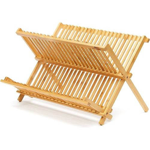 Premium Natural Bamboo Dish Rack, Collapsible Dish Drainer | Foldable and Compact Dish Drying Rack for Kitchen Counter
