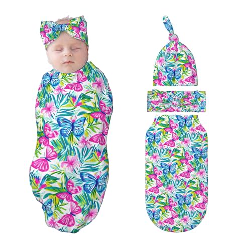 Butterfly Swaddle Blankets Newborn Receiving Blanket Baby Swaddle Wrap with Headband Hat Set for Baby Girls Boys