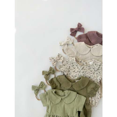 Peter Pan Collar Linen Bubble Romper + Bow | Allie – Olive and Cradle