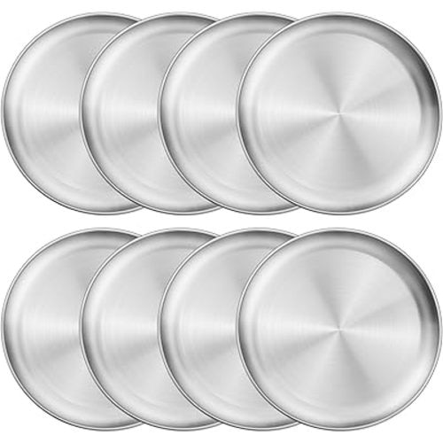 LIANYU Stainless Steel Plate Set of 8, Unbreakable Kids Toddler Dinner Plates, 8 Inch Round Metal Dishes for Outdoor Camping Hiking, Party Serving, Feeding, Non-Toxic & Healthy