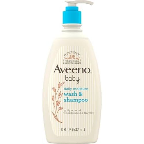 Aveeno Baby Daily Moisture Wash & Shampoo, Tear-Free, 18 fl. oz | 2-in-1 Baby Wash and Hair Shampoo with Oat Extract, for Sensitive Skin and Hair, No Added Parabens